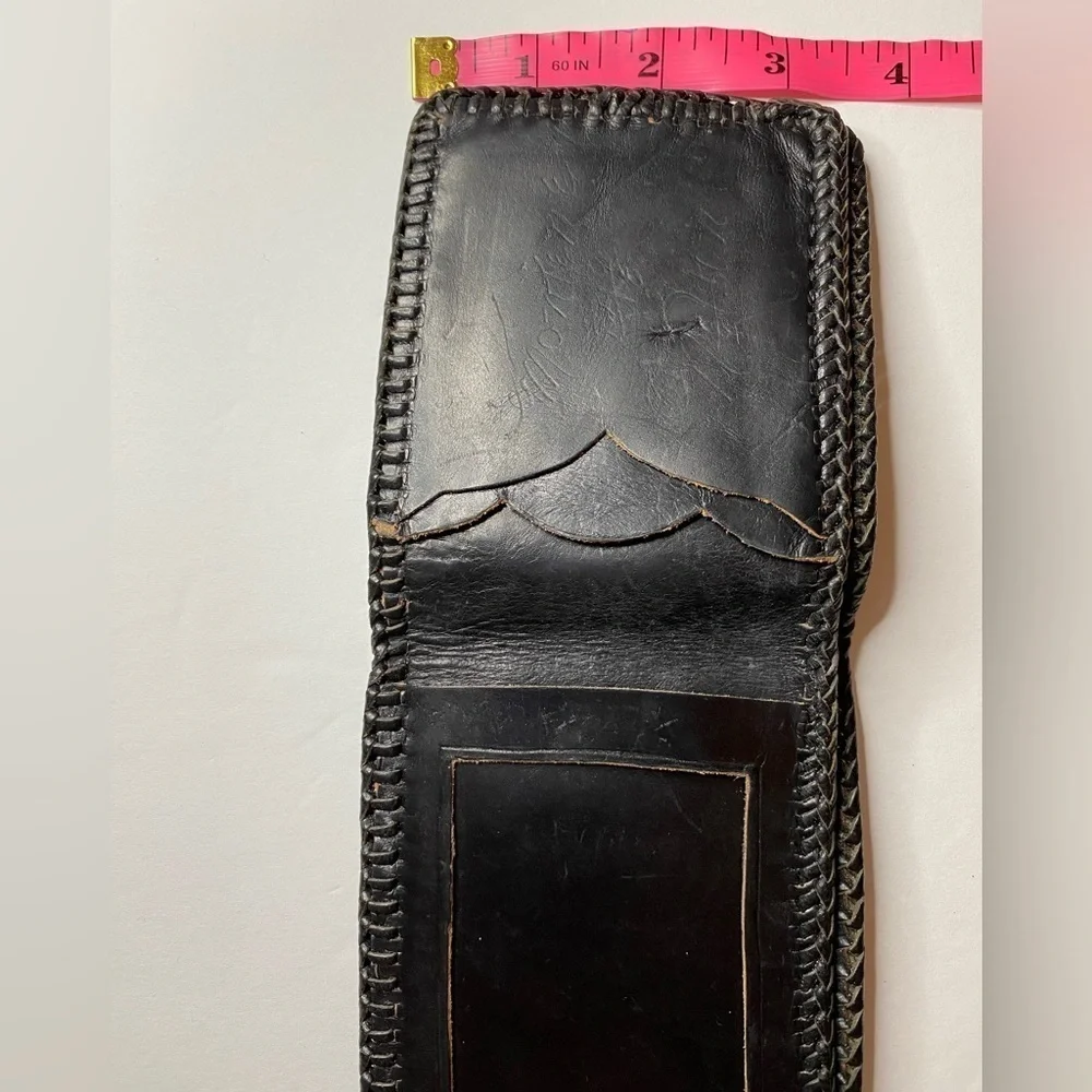Wallet bifold black leather vintage handmade initialed WLH. Box 12